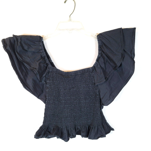 Ramy Brook Womens Yolanda Smocked Peplum Top Size Medium Black Flutter Sleeve - Picture 1 of 8